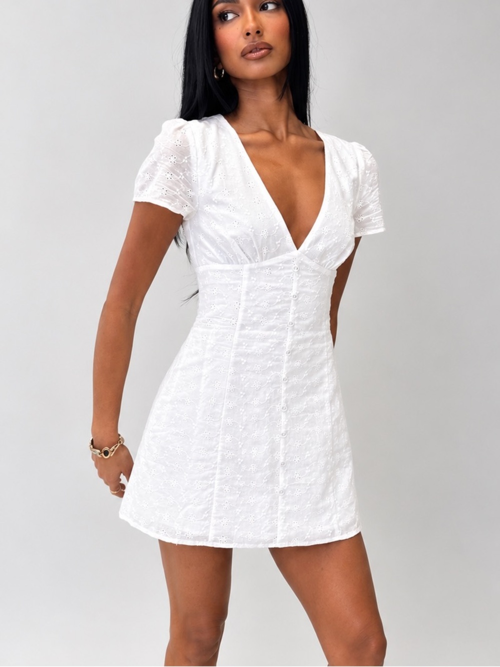 Princess Polly White Eyelet V-Neck Mini Dress